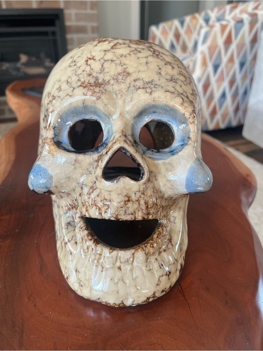 Crackle Glazed Ceramic Skull Accent - Cream with Blue Accents- Votive holder